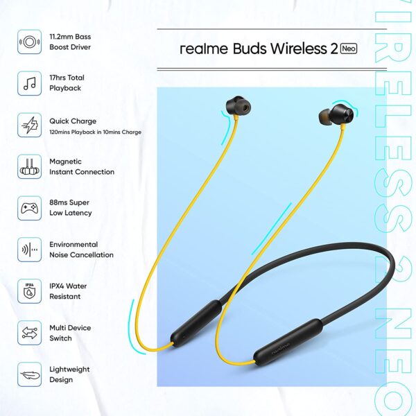 realme Buds Wireless 2 Neo (Blue) in-Ear Earphones with Type-C Fast Charge | 17-Hour Battery | 11.2mm Bass Boost+ Driver | Bluetooth v5.0 & Magnetic Instant Connection - Image 5