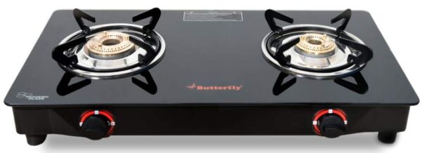 Butterfly Smart Glass Top 2 Burner Gas Stove, Black