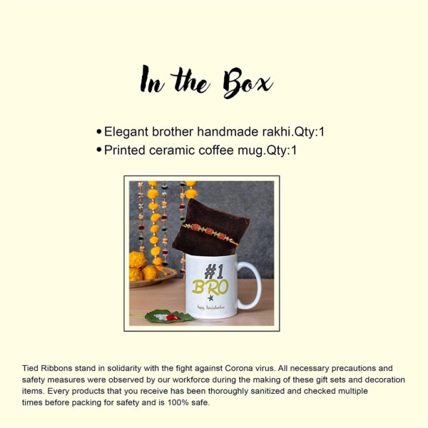Roll over image to zoom in       TIED RIBBONS Rakhi for Brother with Gift Combo - Designer Rakhi with Rakshabandhan Special Coffee Mug, Mini Wishes Card and Roli Chawal, Multicolor, Medium - Image 3