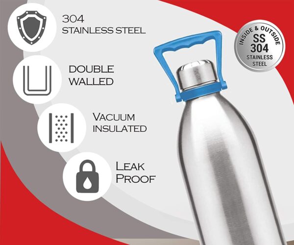 Milton Duo DLX 1750 Thermosteel 24 Hours Hot and Cold Water Bottle with Handle, 1.57 Litre, Silver - Image 4