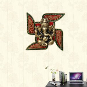 Handicrafts Paradise Ganesha Placed on Swastik Aluminium Metal Wall Hanging (18.5 cm x 3.8 cm x 18.5 cm)