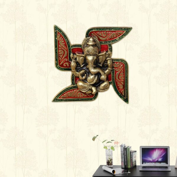 Handicrafts Paradise Ganesha Placed on Swastik Aluminium Metal Wall Hanging (18.5 cm x 3.8 cm x 18.5 cm)
