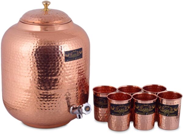 CROCKERY WALA AND COMPANY Copper Water Dispenser/matka And Glasses, 12L, Set of Matka And 6 Glass, Copper