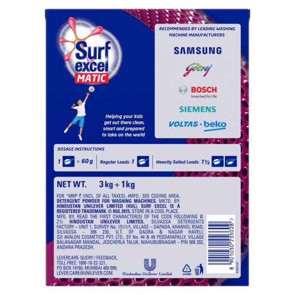 Surf Excel Matic Front Load Detergent Washing Powder, Specially Designed For Tough Stain Removal In Front Load Machines, 3+1 Kg Free - Image 3