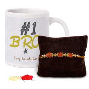 Roll over image to zoom in       TIED RIBBONS Rakhi for Brother with Gift Combo - Designer Rakhi with Rakshabandhan Special Coffee Mug, Mini Wishes Card and Roli Chawal, Multicolor, Medium