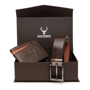 Rizoro Premia Brown Leather Mens Belt & Wallet Accessory Combo Gift Set for Men with Gifting Box (MG219)