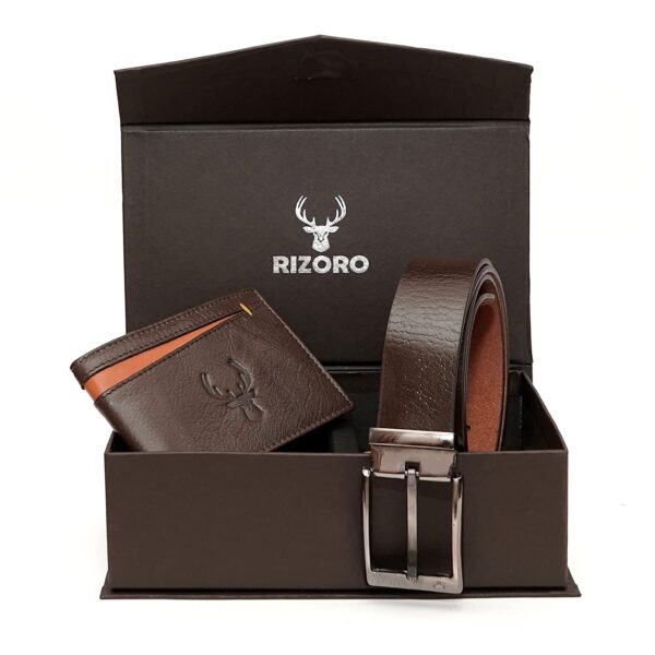 Rizoro Premia Brown Leather Mens Belt & Wallet Accessory Combo Gift Set for Men with Gifting Box (MG219)