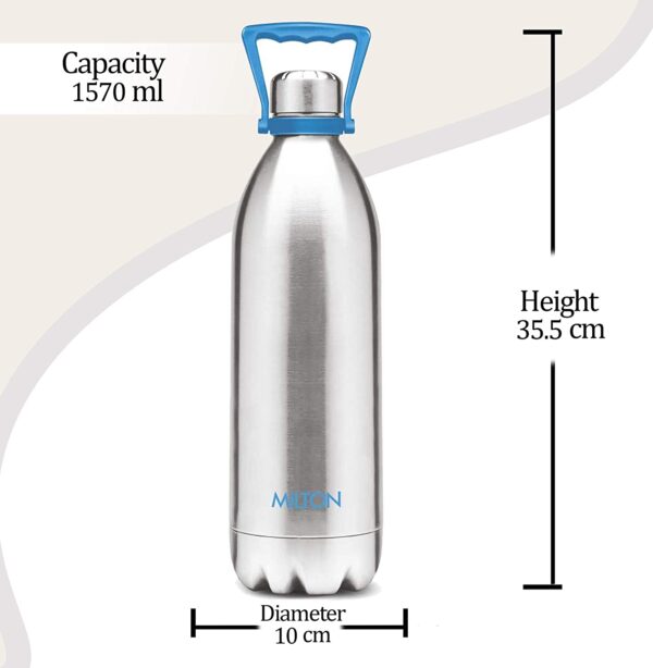Milton Duo DLX 1750 Thermosteel 24 Hours Hot and Cold Water Bottle with Handle, 1.57 Litre, Silver - Image 2