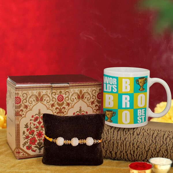TIED RIBBONS Combo of Finest Rakhi with Ceramic Printed Coffee Mug for Brother, 325ml (TR-RB16-RakhiMug047)